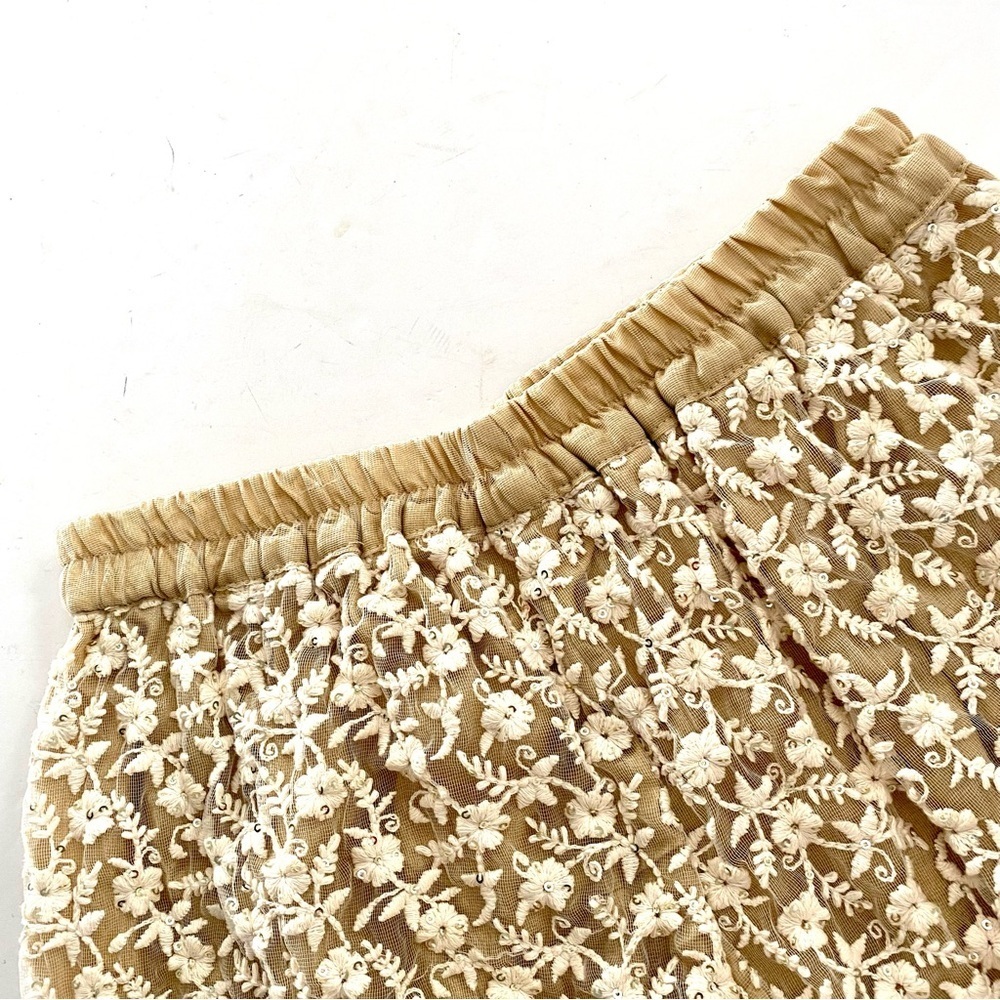 Cream Floral Lace Mesh Sequined Dressy Palazzo Wide Leg Cropped Ankle Pants S-M - Picture 3 of 10